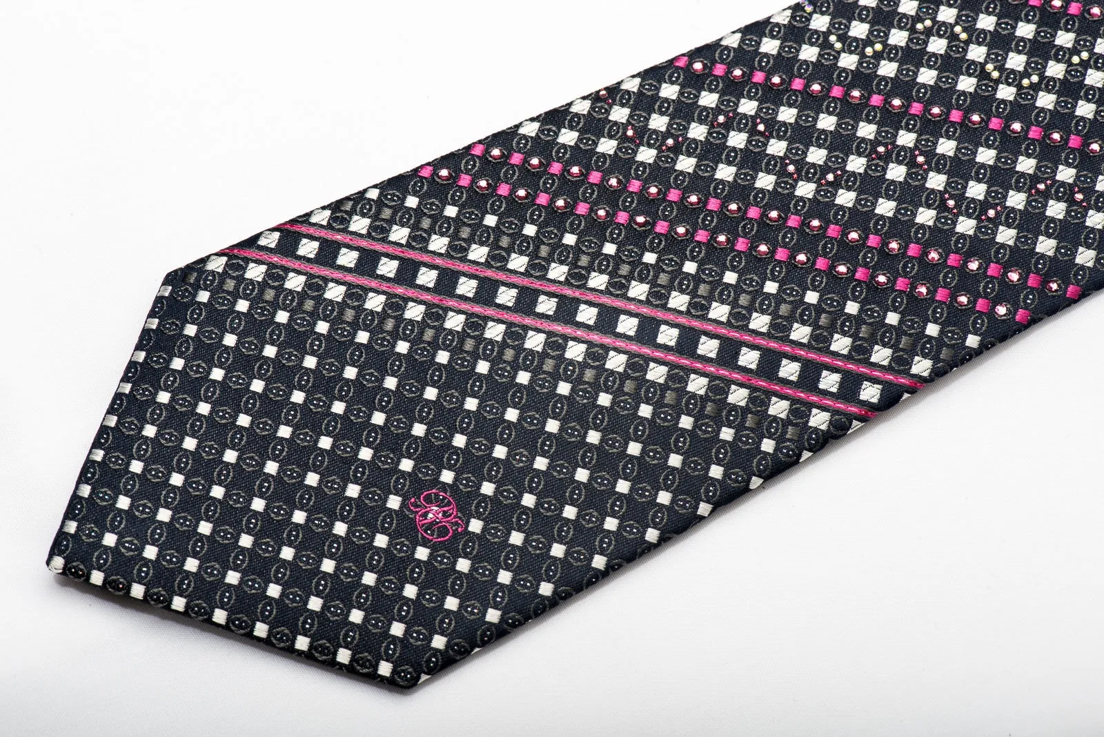 Renoma Men's Silk Necktie Silver Pink Checkered On Navy Sparkling With Rhinestones