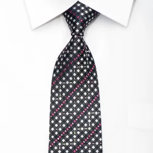 Renoma Men's Silk Necktie Silver Pink Checkered On Navy Sparkling With Rhinestones