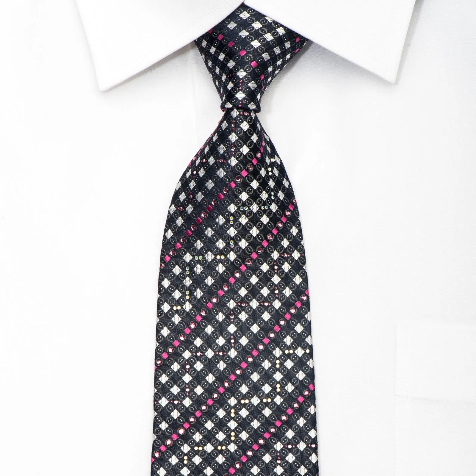 Renoma Men's Silk Necktie Silver Pink Checkered On Navy Sparkling With Rhinestones