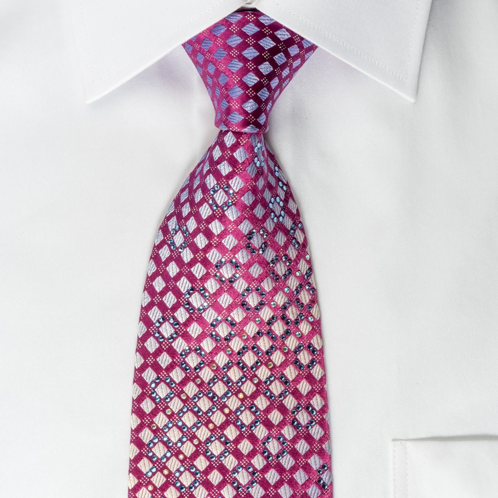 Renoma Rhinestone Necktie Silver Checkered On Purple With Silver Sparkles