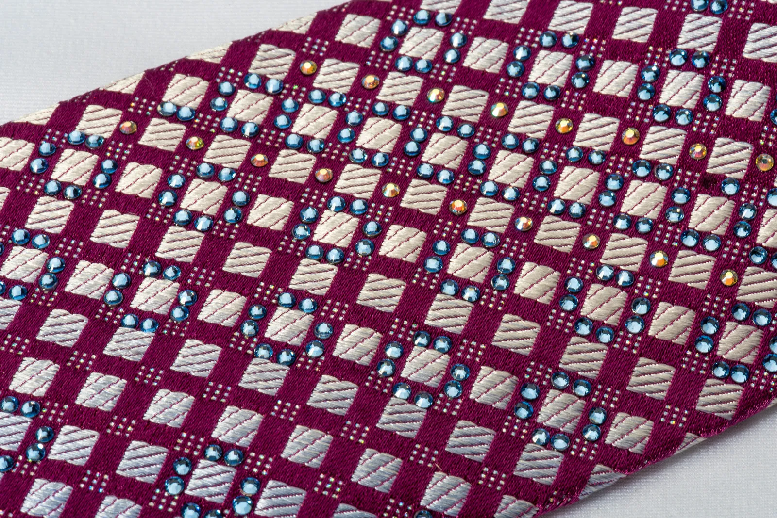 Renoma Rhinestone Necktie Silver Checkered On Purple With Silver Sparkles