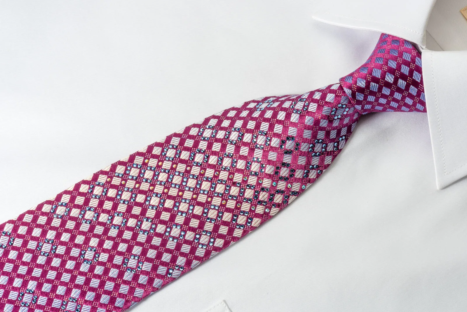 Renoma Rhinestone Necktie Silver Checkered On Purple With Silver Sparkles
