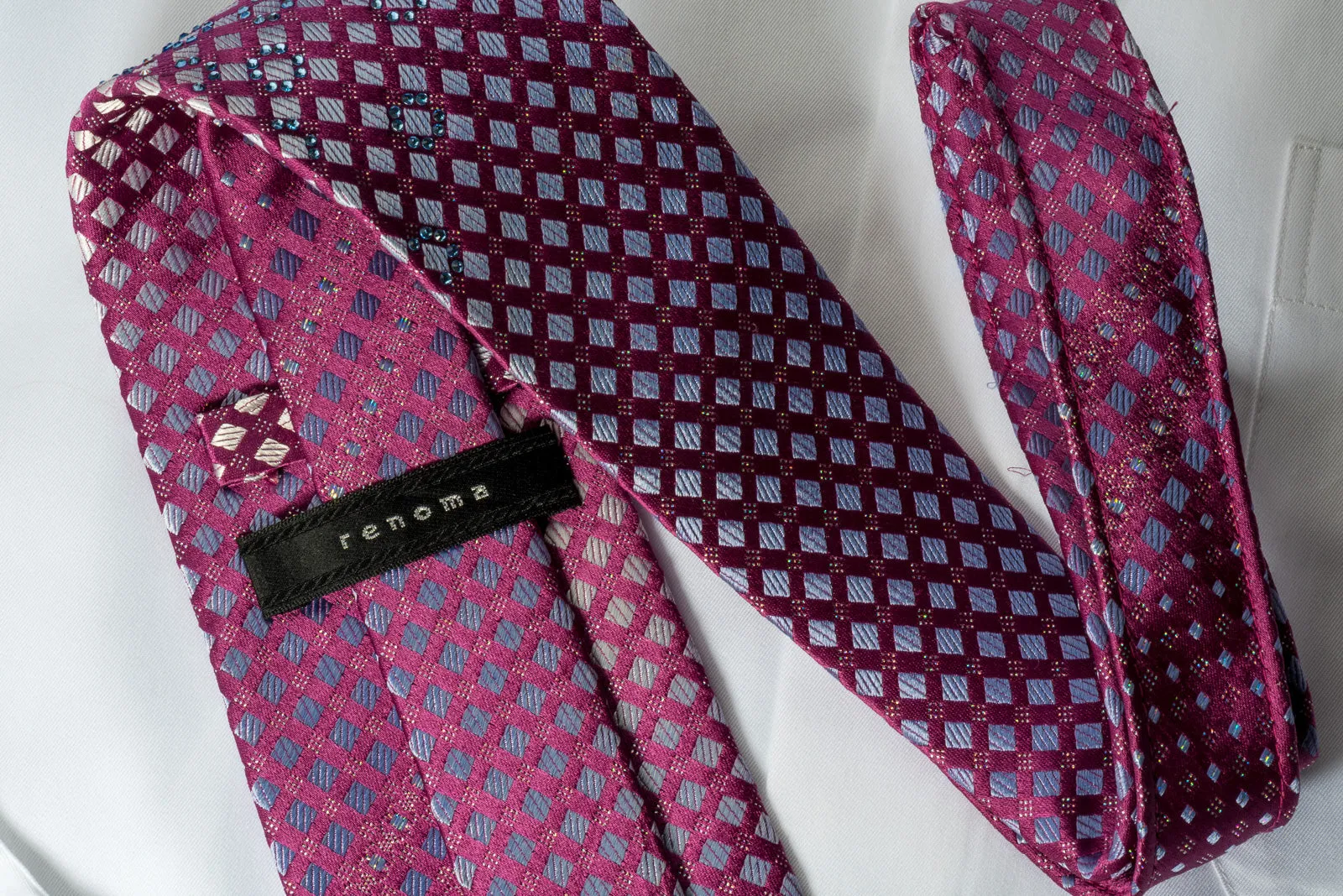 Renoma Rhinestone Necktie Silver Checkered On Purple With Silver Sparkles