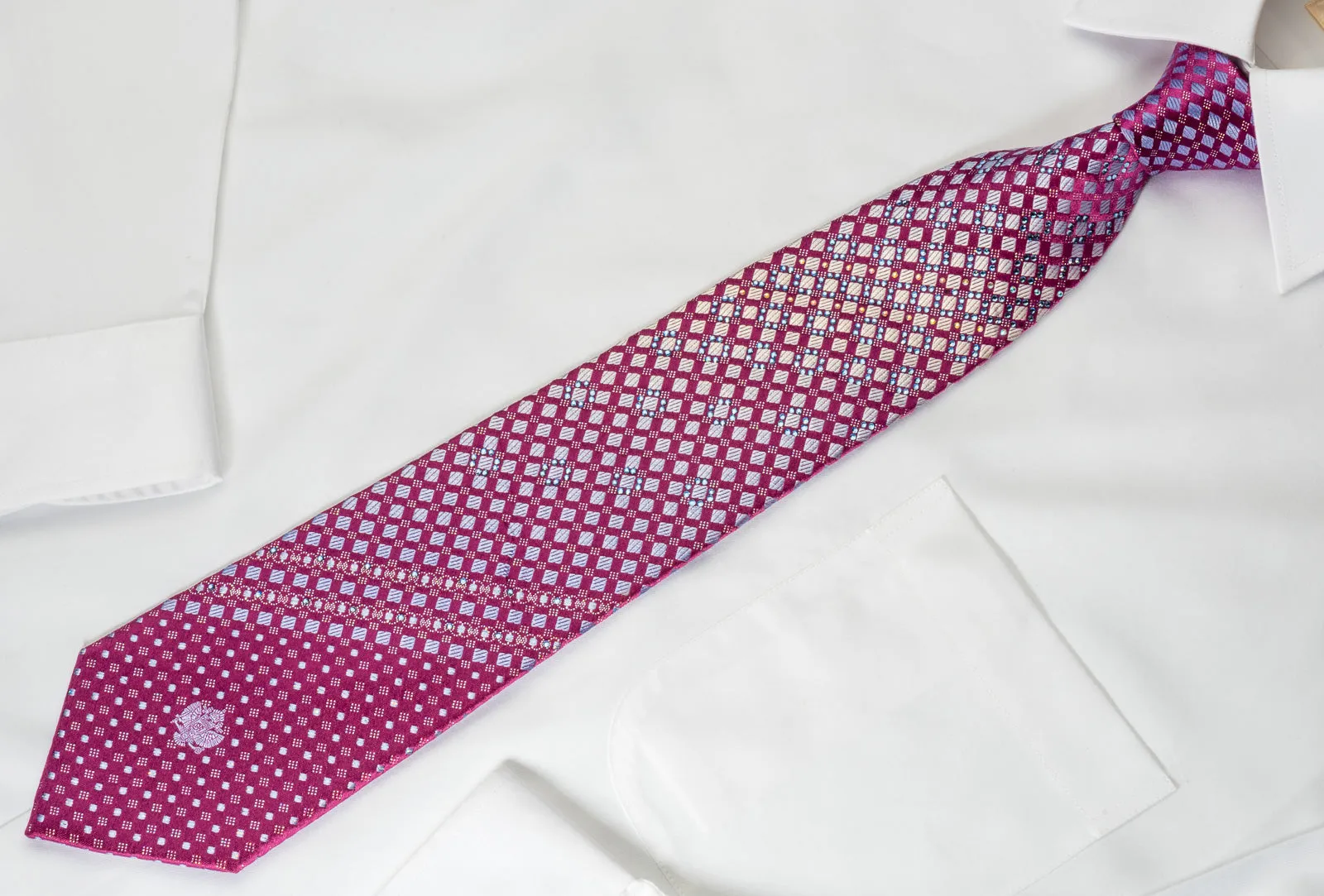 Renoma Rhinestone Necktie Silver Checkered On Purple With Silver Sparkles
