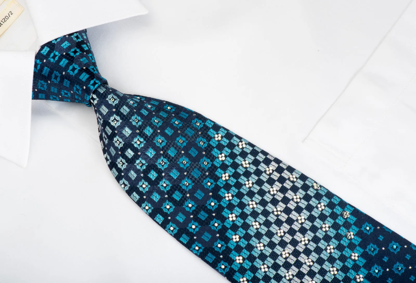 Renoma Rhinestone Silk Necktie Checkered On Blue With Silver Sparkles
