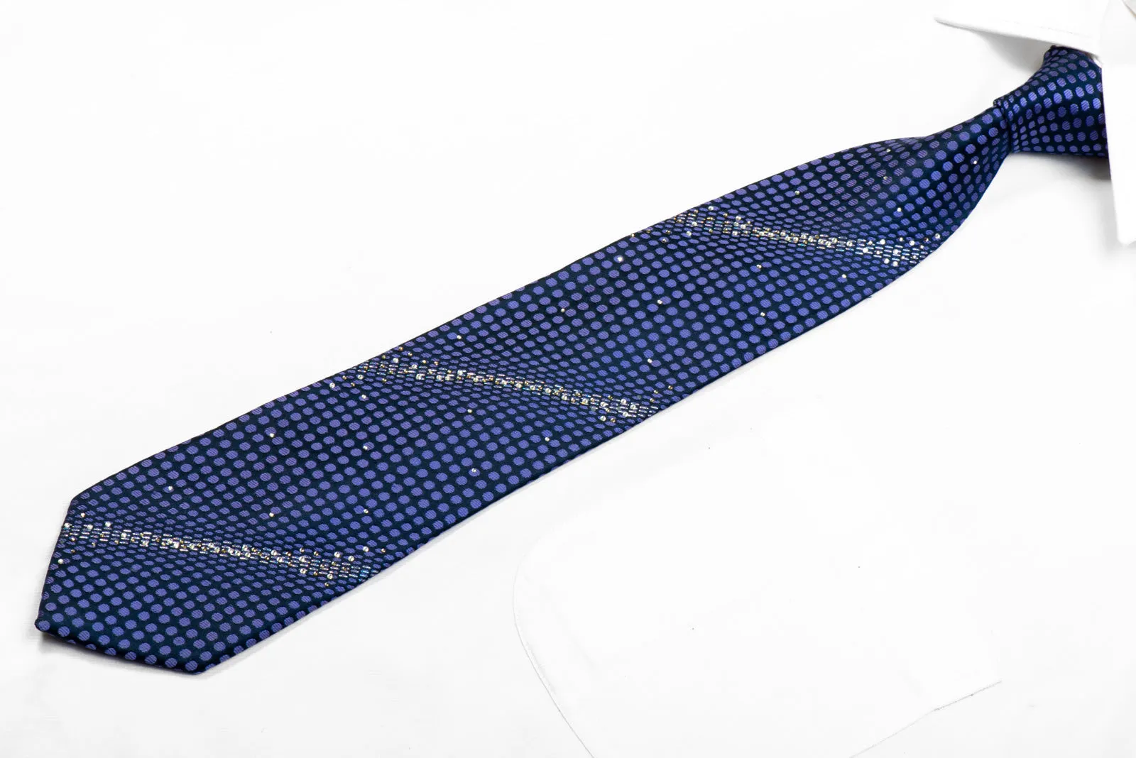 Renoma Rhinestone Silk Tie Blue Geometric On Navy With Sparkles