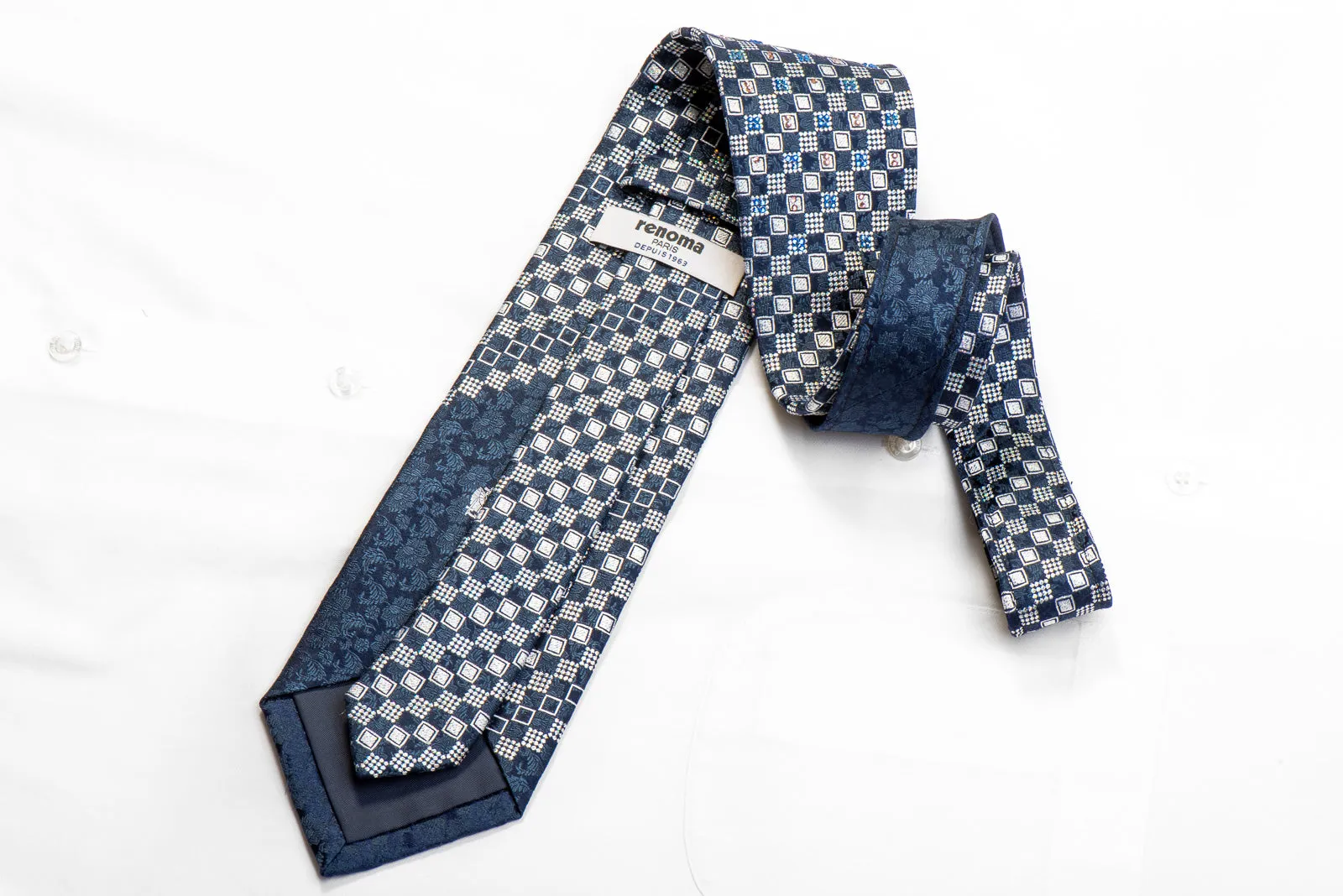 Renoma Rhinestone Tie Silver Navy Checkered With Silver Sparkles