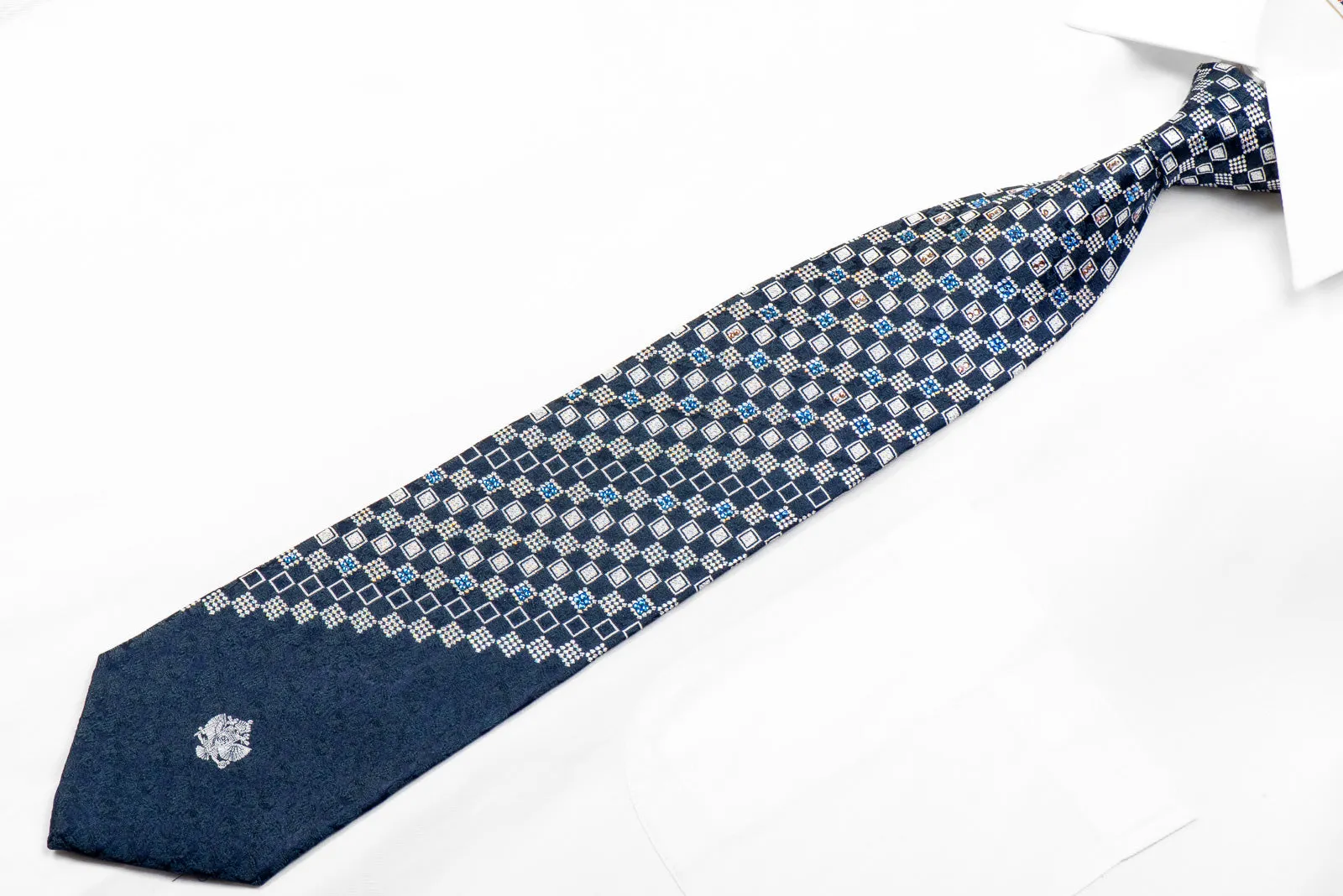 Renoma Rhinestone Tie Silver Navy Checkered With Silver Sparkles