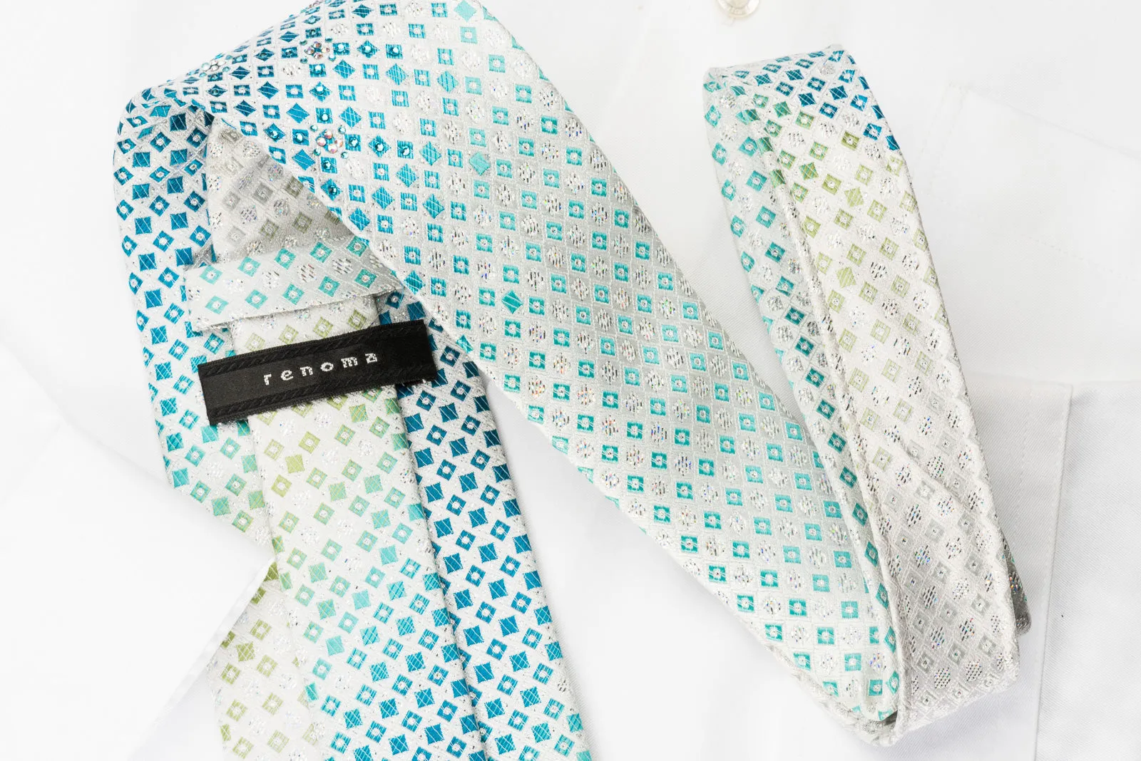 Renoma Silk Rhinestone Necktie Blue Silver Geometric On White With Silver Sparkles