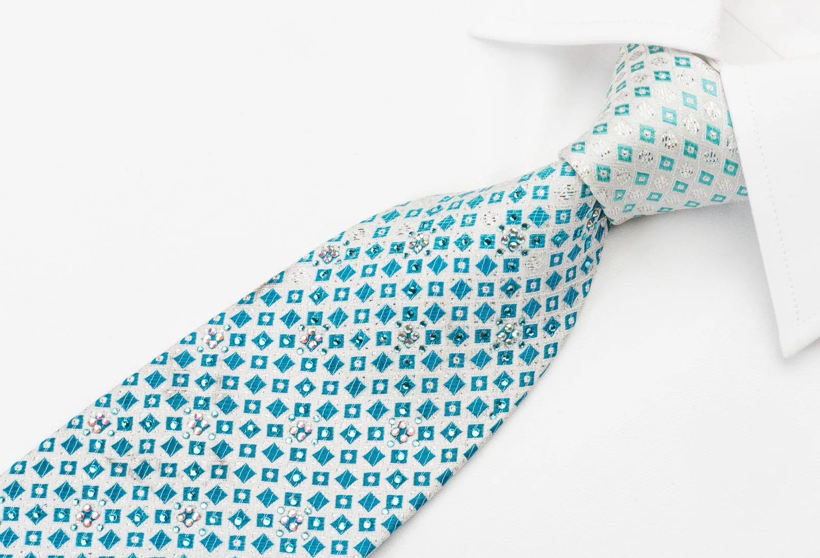 Renoma Silk Rhinestone Necktie Blue Silver Geometric On White With Silver Sparkles