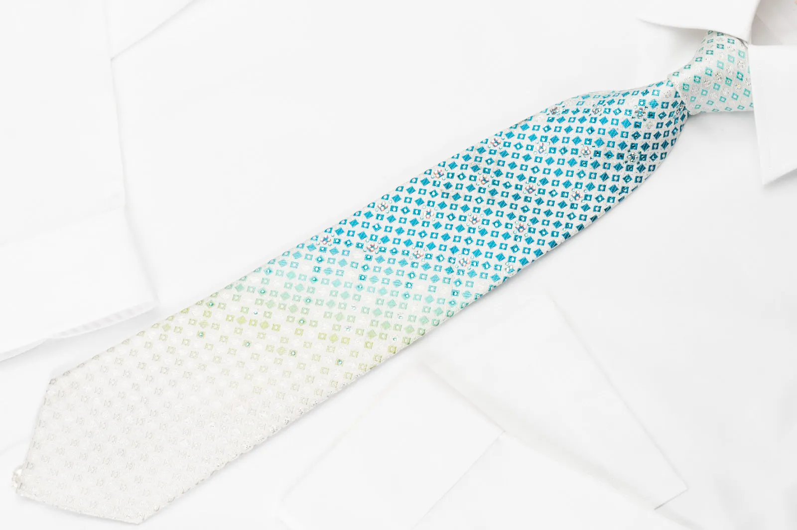 Renoma Silk Rhinestone Necktie Blue Silver Geometric On White With Silver Sparkles