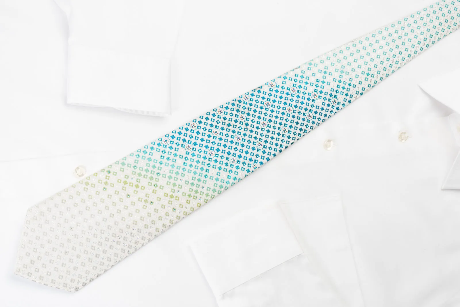 Renoma Silk Rhinestone Necktie Blue Silver Geometric On White With Silver Sparkles