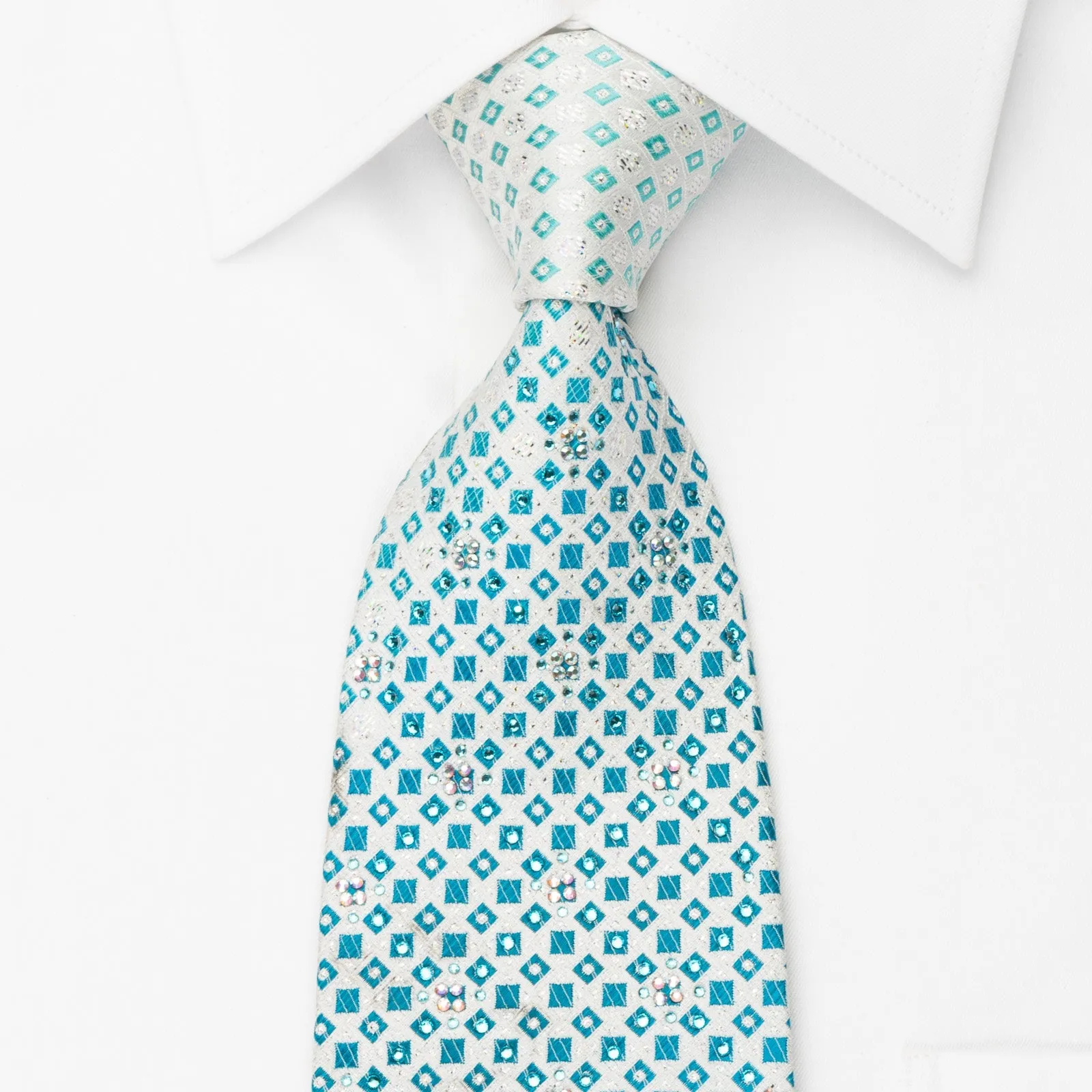 Renoma Silk Rhinestone Necktie Blue Silver Geometric On White With Silver Sparkles