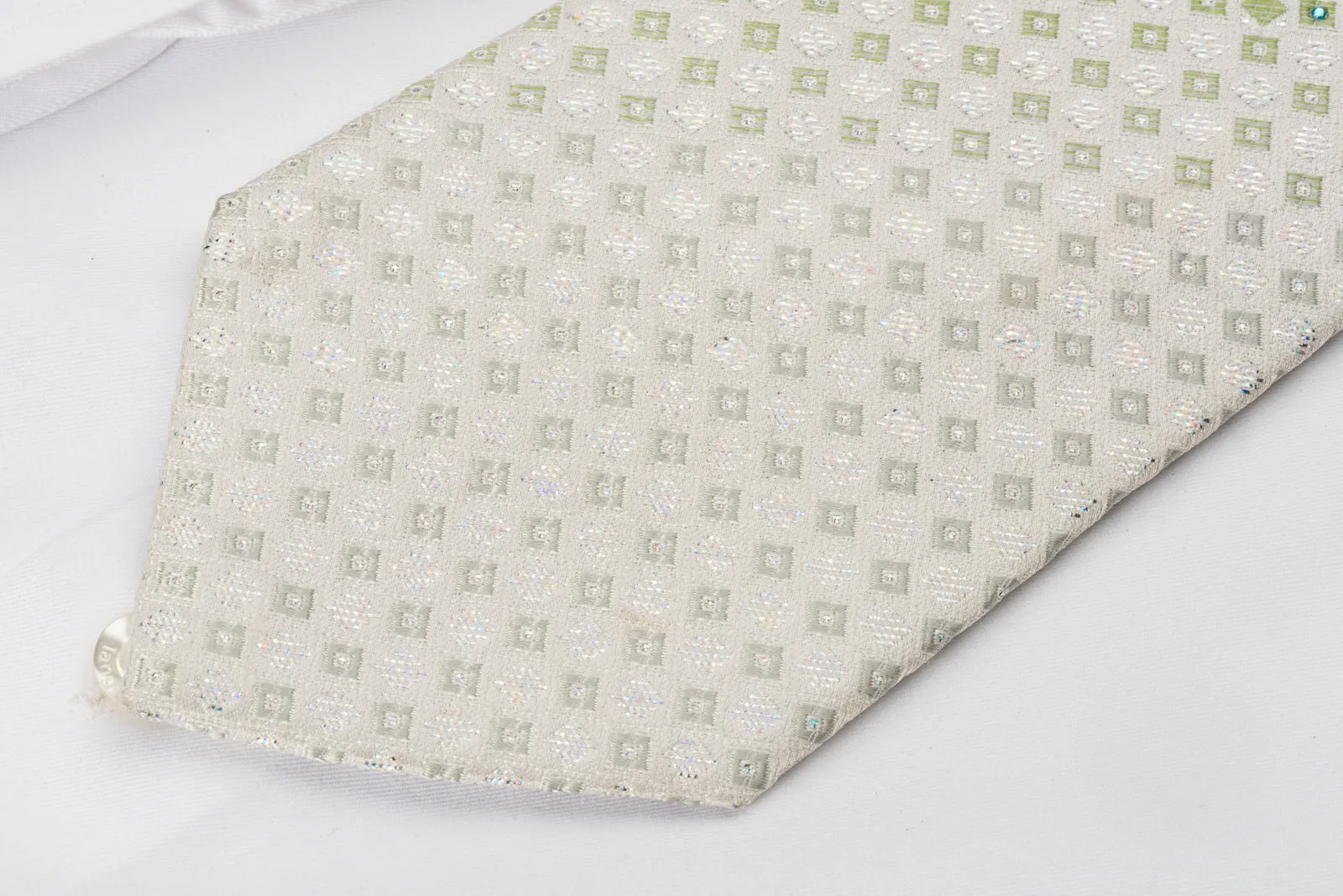 Renoma Silk Rhinestone Necktie Blue Silver Geometric On White With Silver Sparkles