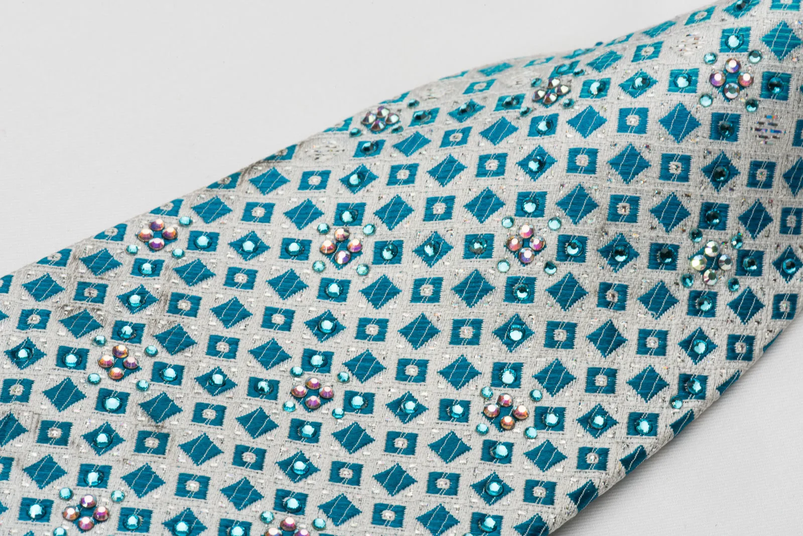 Renoma Silk Rhinestone Necktie Blue Silver Geometric On White With Silver Sparkles