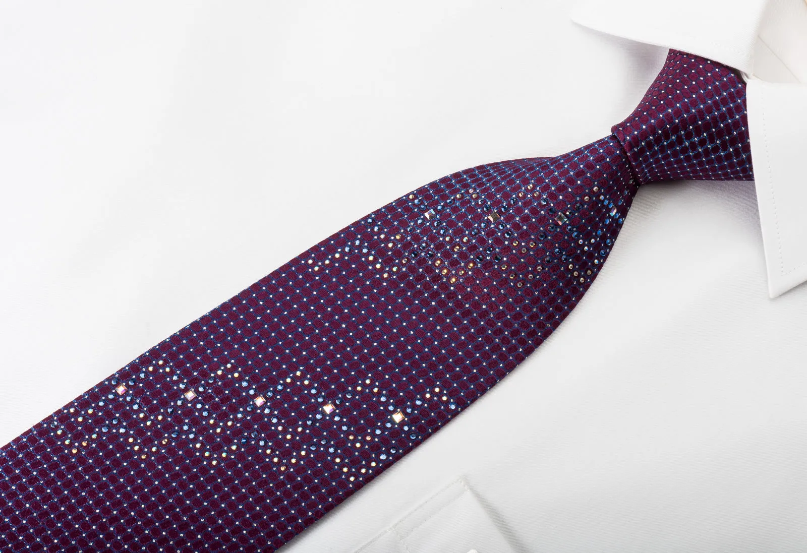 Renoma Silk Rhinestone Necktie Blue Trellis On Purple With Silver Sparkles