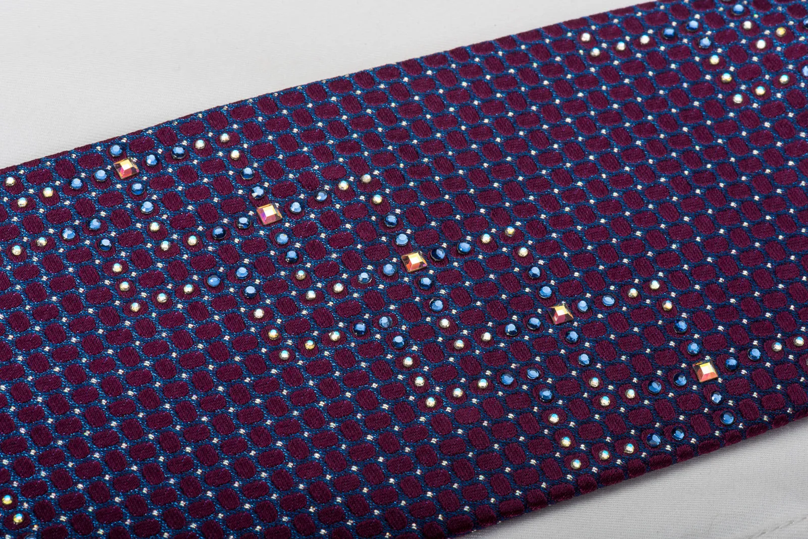 Renoma Silk Rhinestone Necktie Blue Trellis On Purple With Silver Sparkles