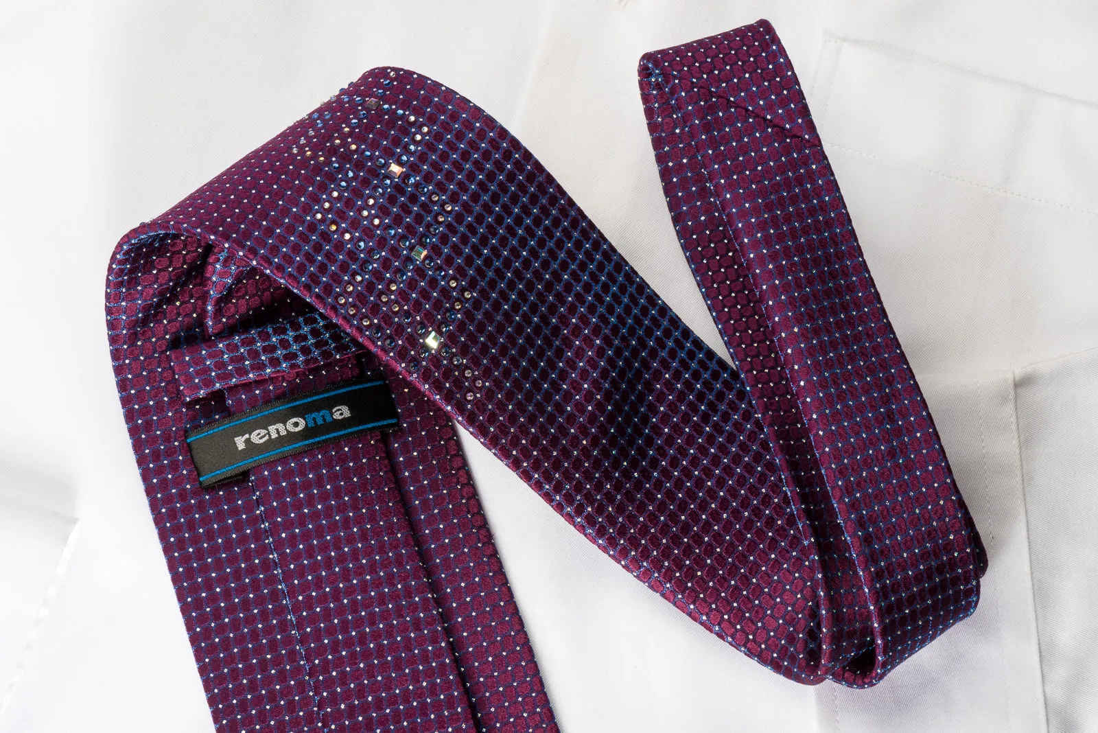 Renoma Silk Rhinestone Necktie Blue Trellis On Purple With Silver Sparkles