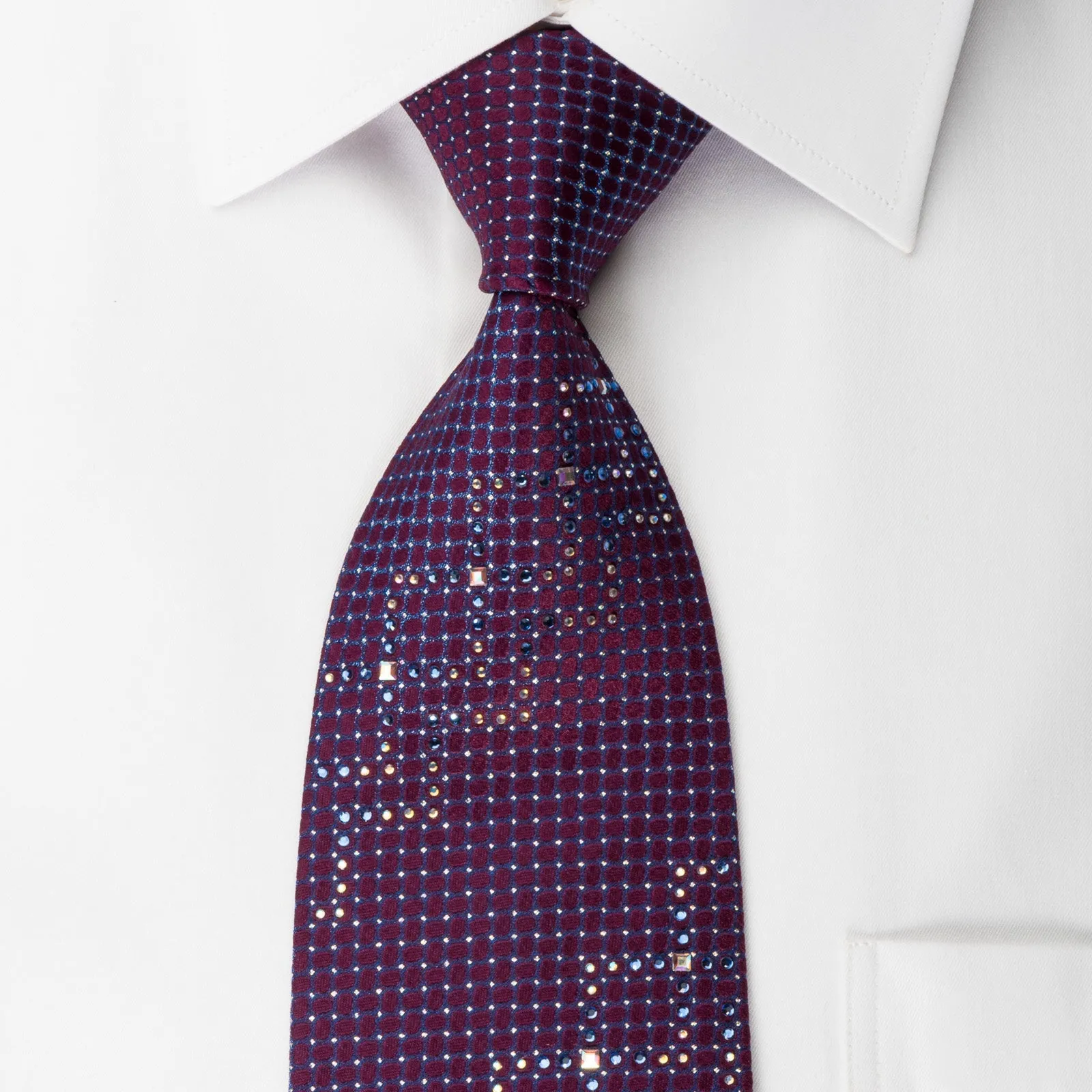 Renoma Silk Rhinestone Necktie Blue Trellis On Purple With Silver Sparkles