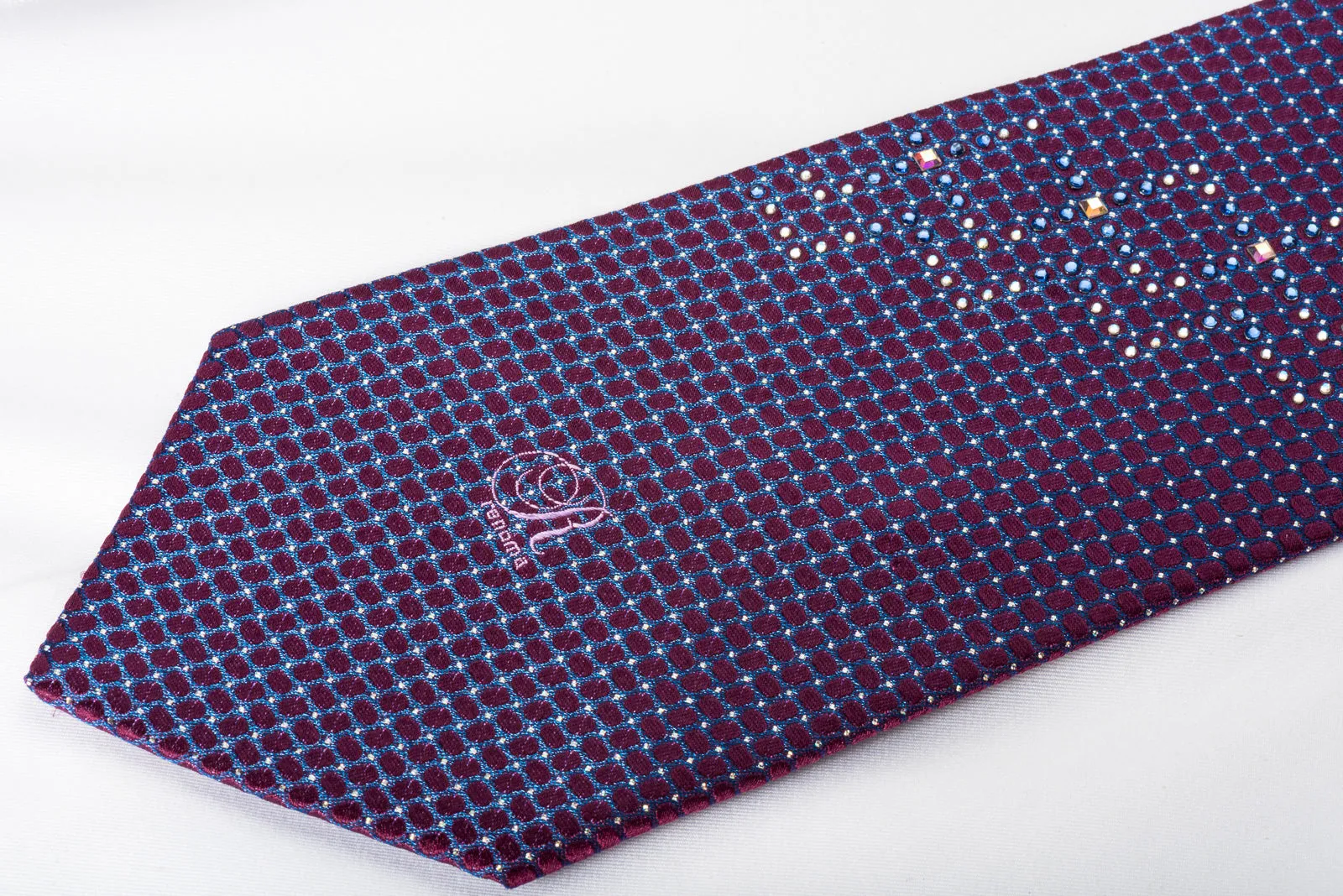 Renoma Silk Rhinestone Necktie Blue Trellis On Purple With Silver Sparkles