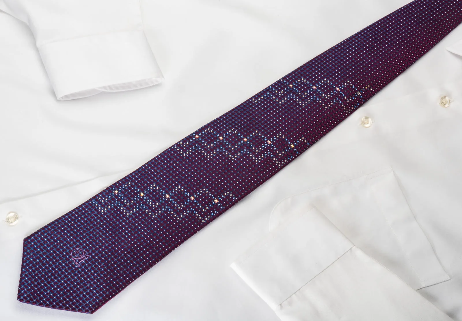 Renoma Silk Rhinestone Necktie Blue Trellis On Purple With Silver Sparkles