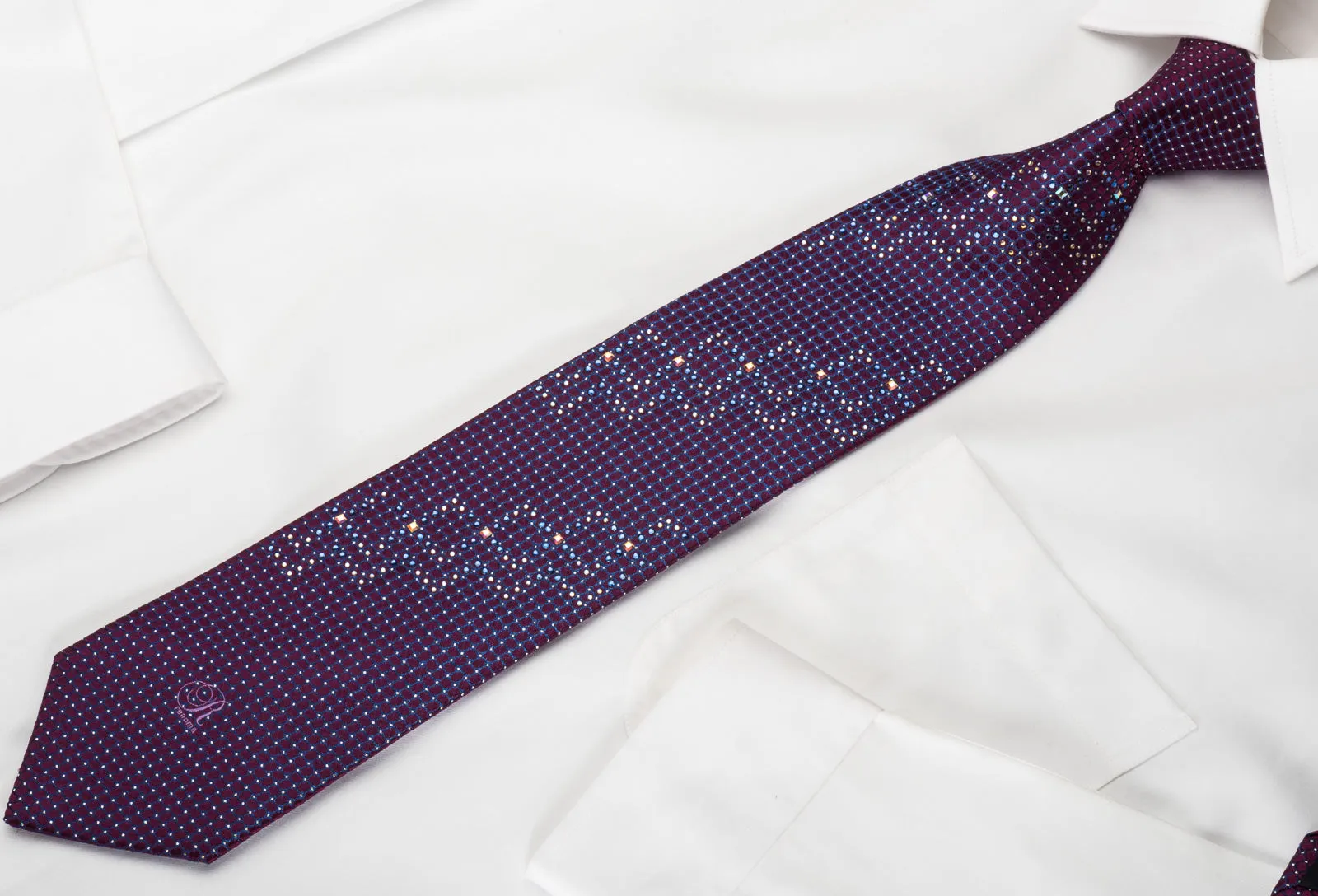 Renoma Silk Rhinestone Necktie Blue Trellis On Purple With Silver Sparkles