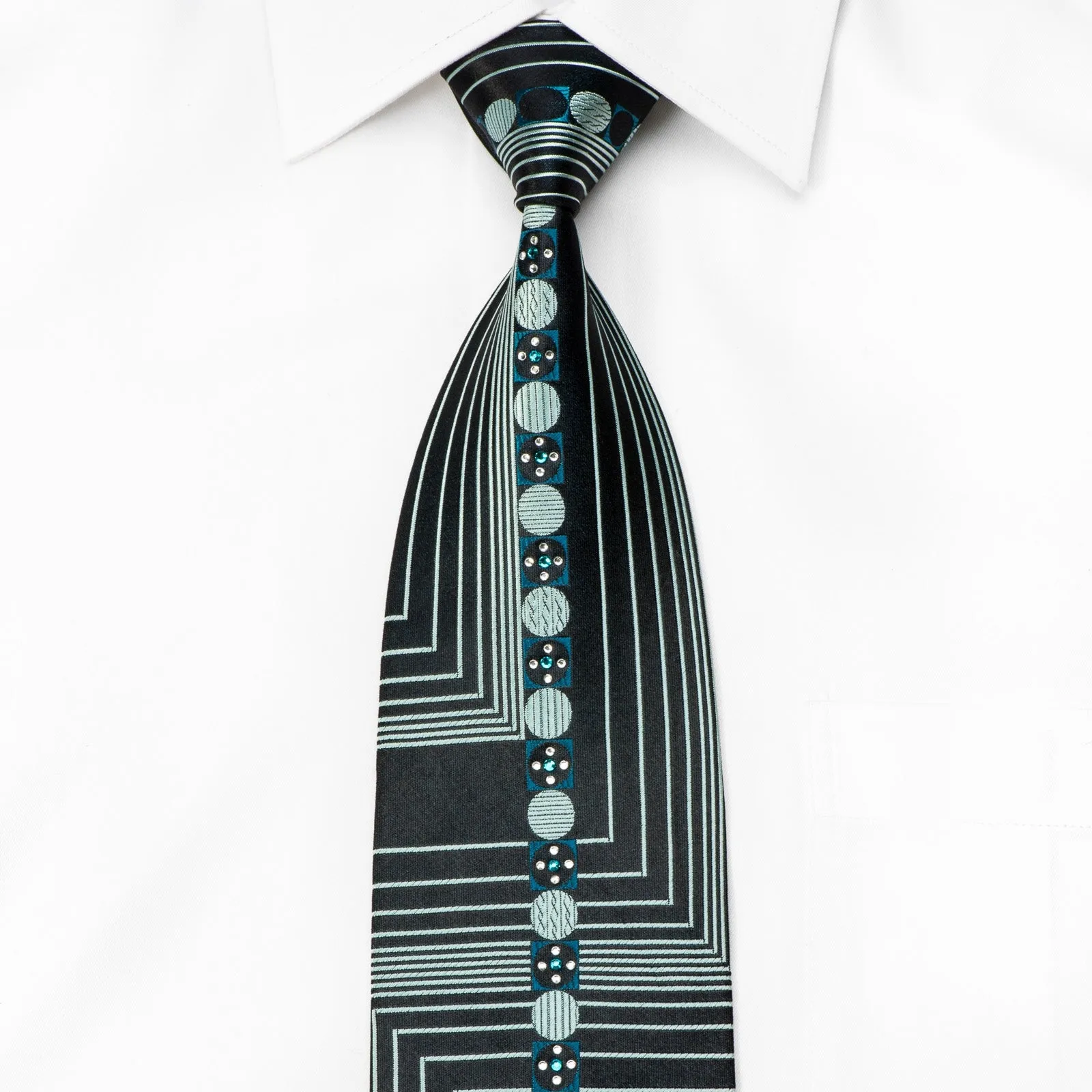 Roberta di Camerino Men's Crystal Rhinestone Necktie Geometric On Navy Silk