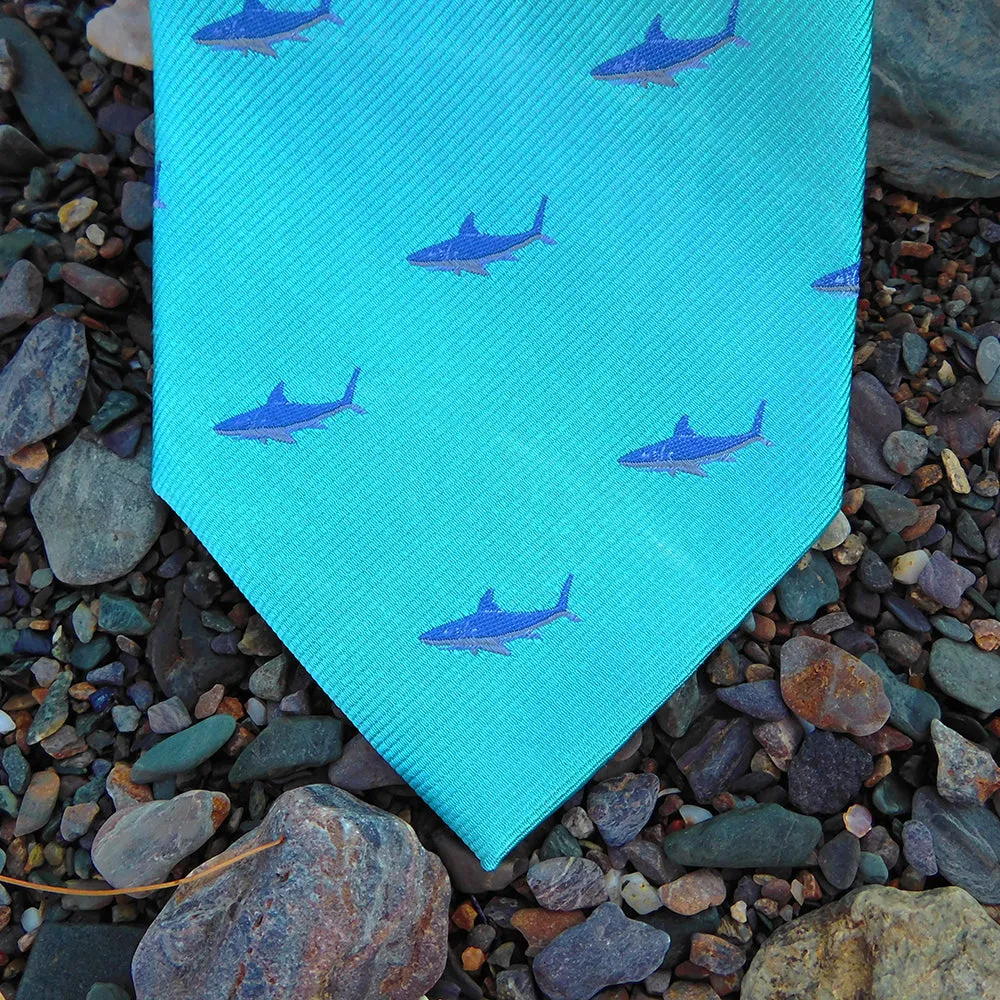 Shark Necktie - Blue on Aqua, Woven Silk