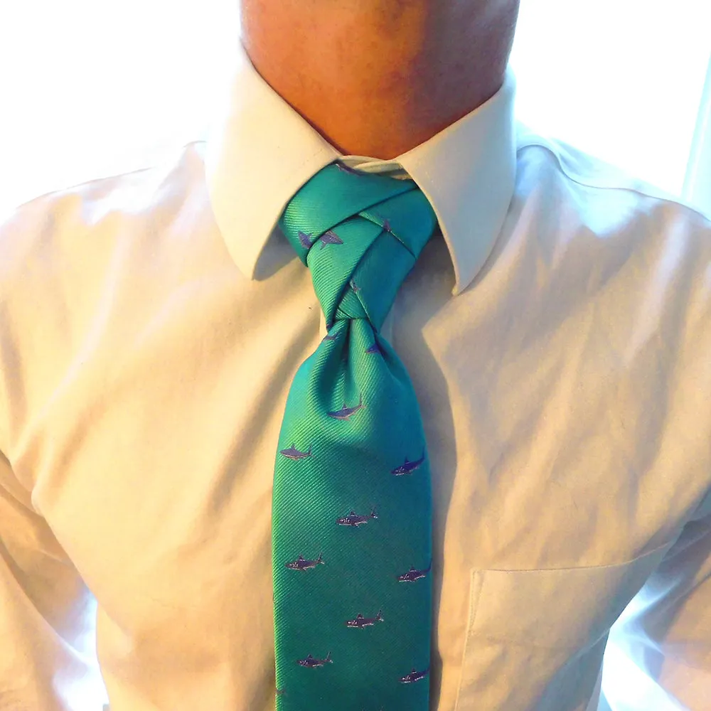 Shark Necktie - Blue on Aqua, Woven Silk
