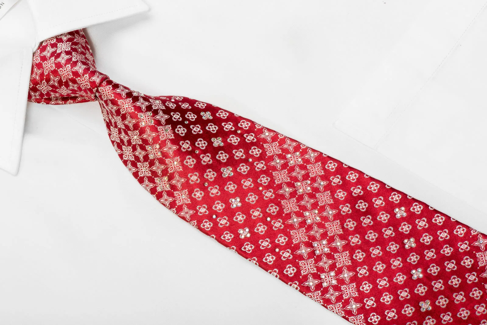 Silk Necktie Silver Cartouche On Red With Silver Sparkles