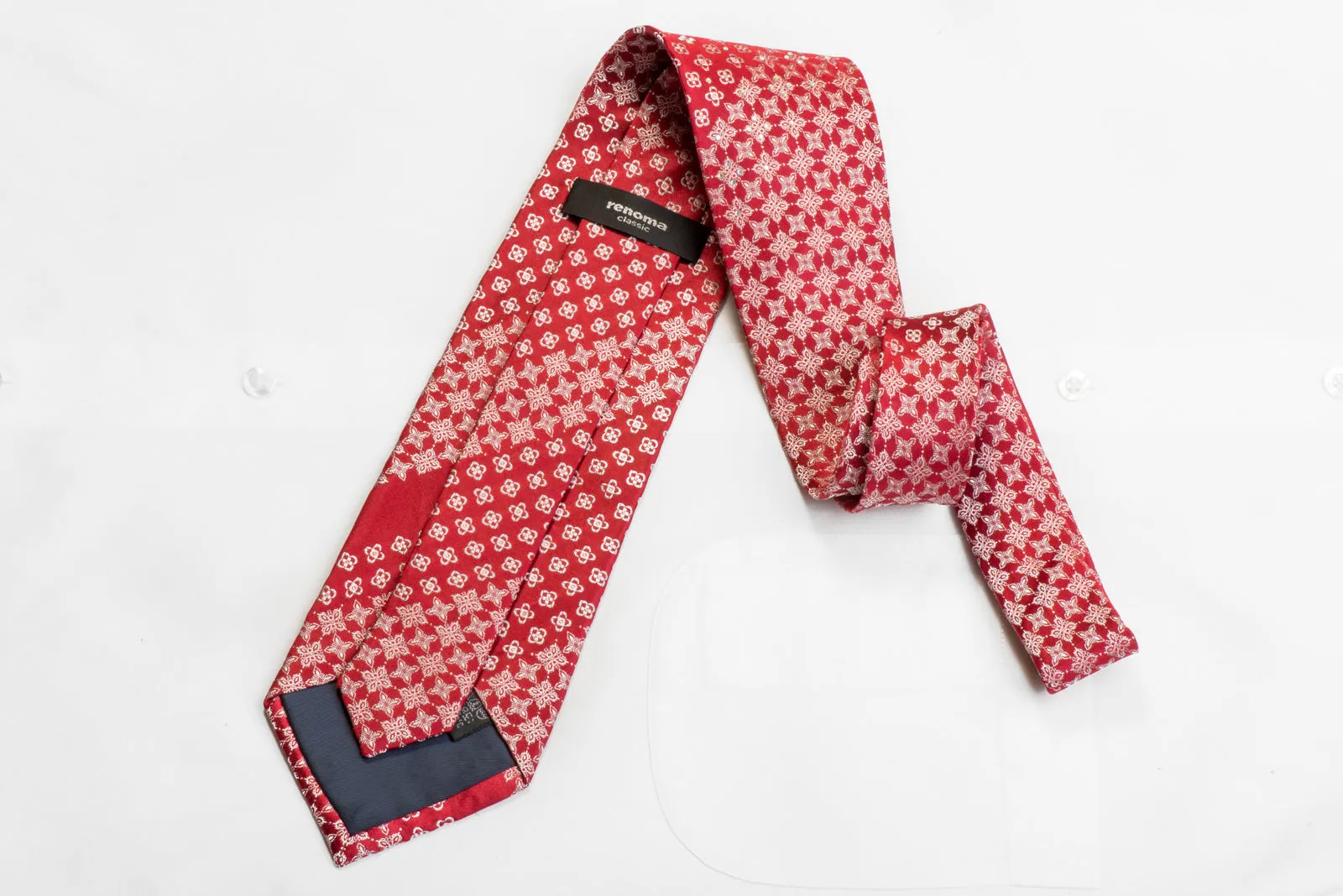 Silk Necktie Silver Cartouche On Red With Silver Sparkles
