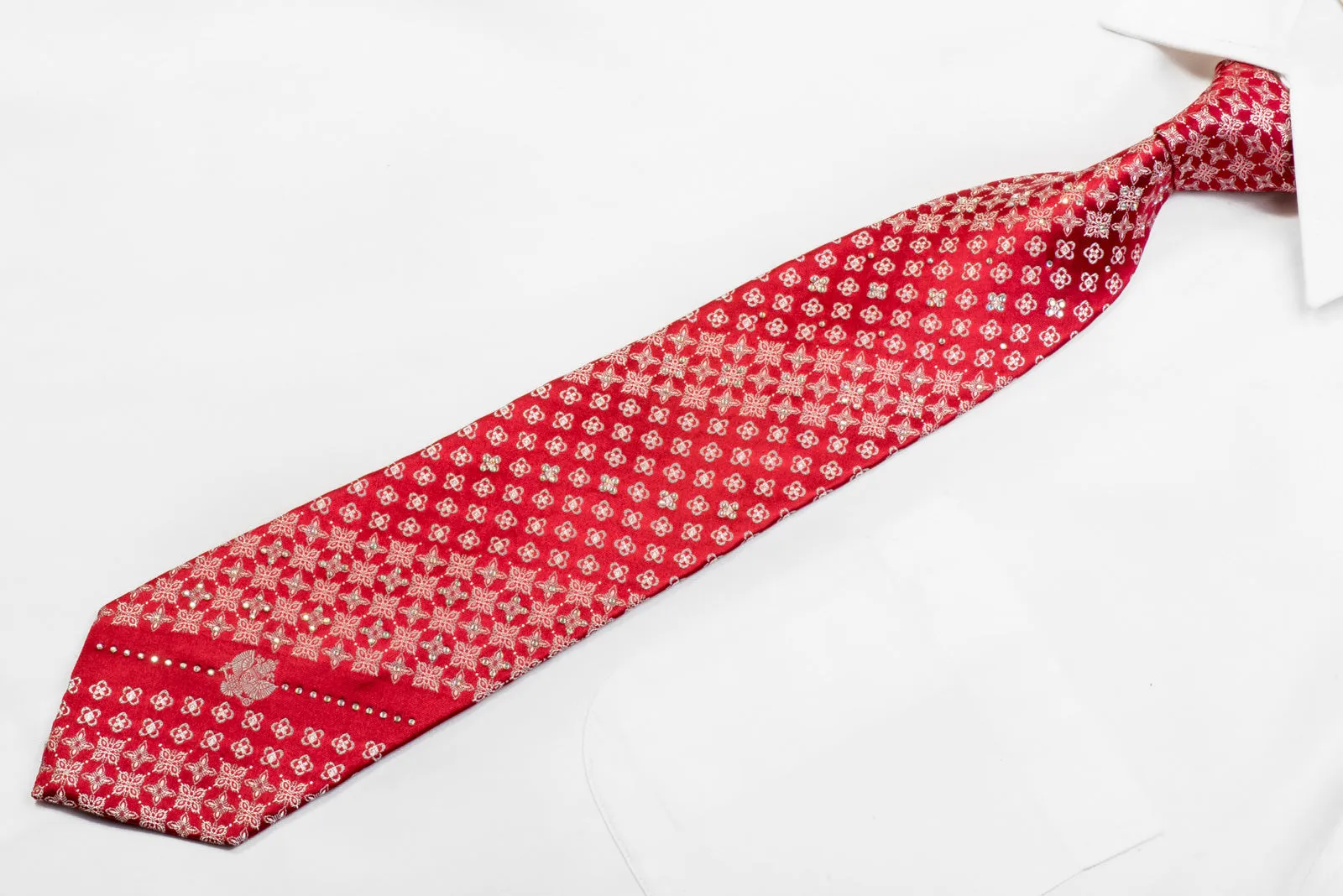Silk Necktie Silver Cartouche On Red With Silver Sparkles
