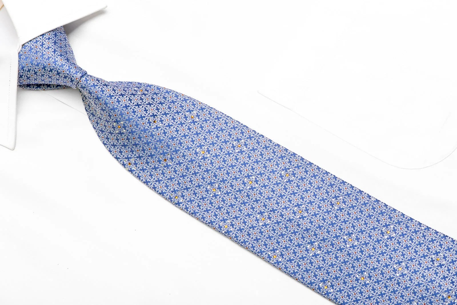 Silver Cartouche On Blue Rhinestone Necktie With Silver Sparkles