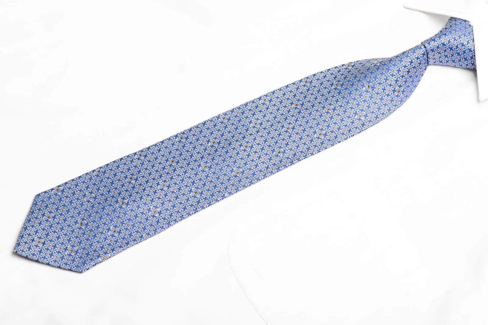Silver Cartouche On Blue Rhinestone Necktie With Silver Sparkles