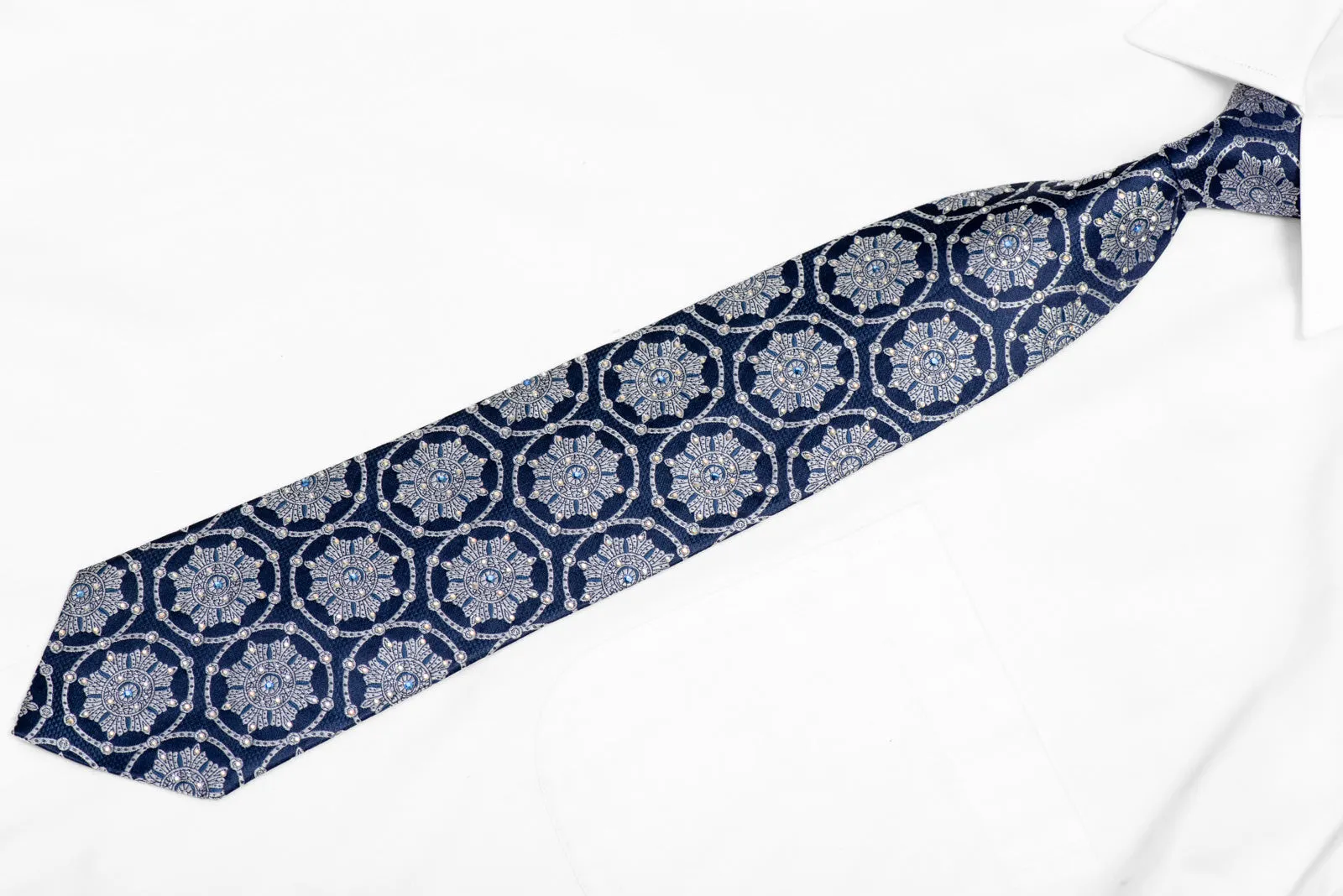 Silver Medallions On Navy Blue Rhinestone Silk Necktie