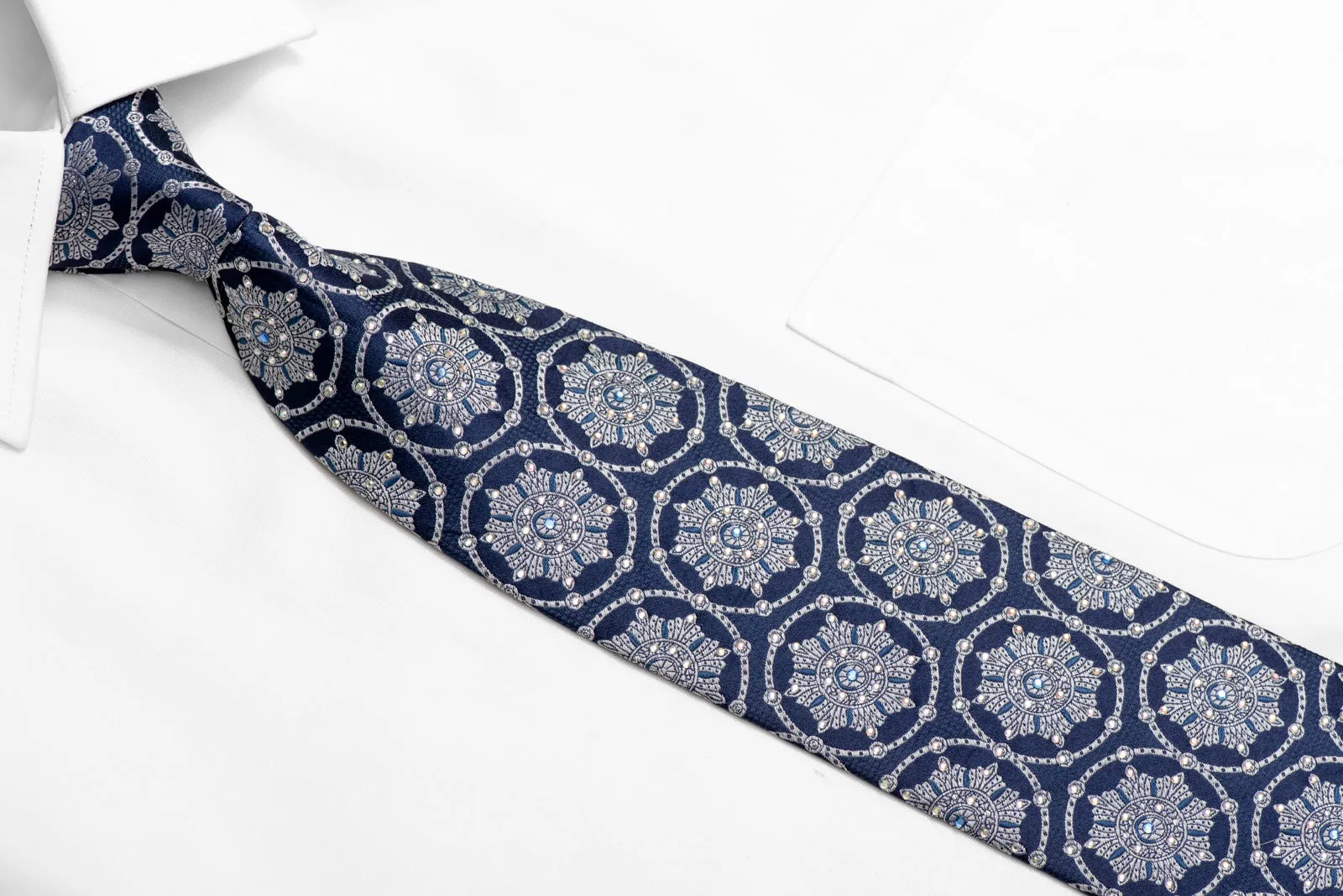 Silver Medallions On Navy Blue Rhinestone Silk Necktie