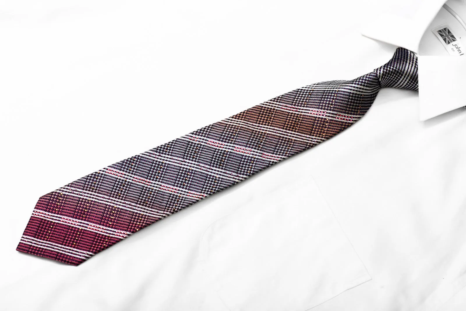 Silver Orange Stripped On Navy Rhinestone Silk Necktie With Purple Sparkles