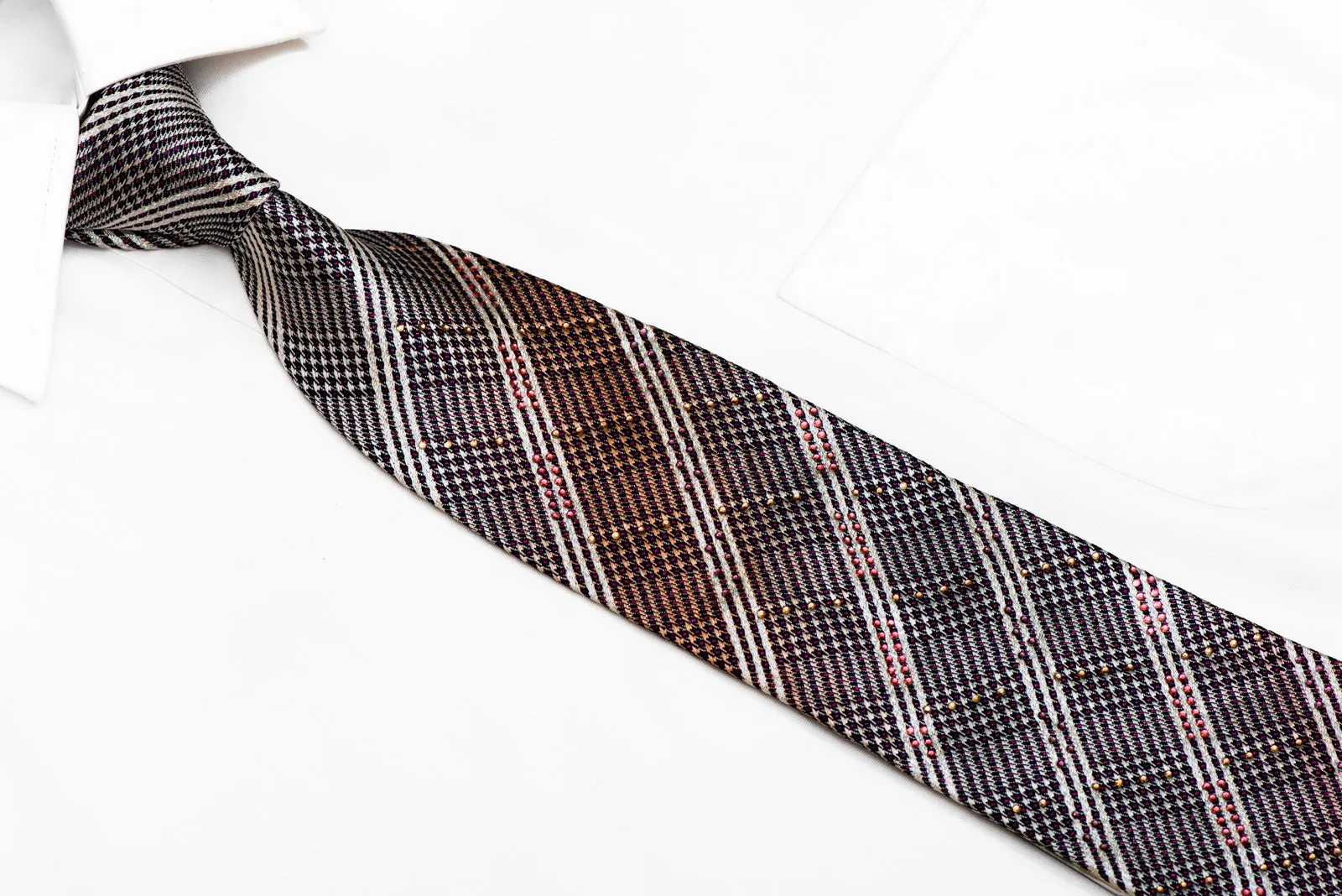 Silver Orange Stripped On Navy Rhinestone Silk Necktie With Purple Sparkles
