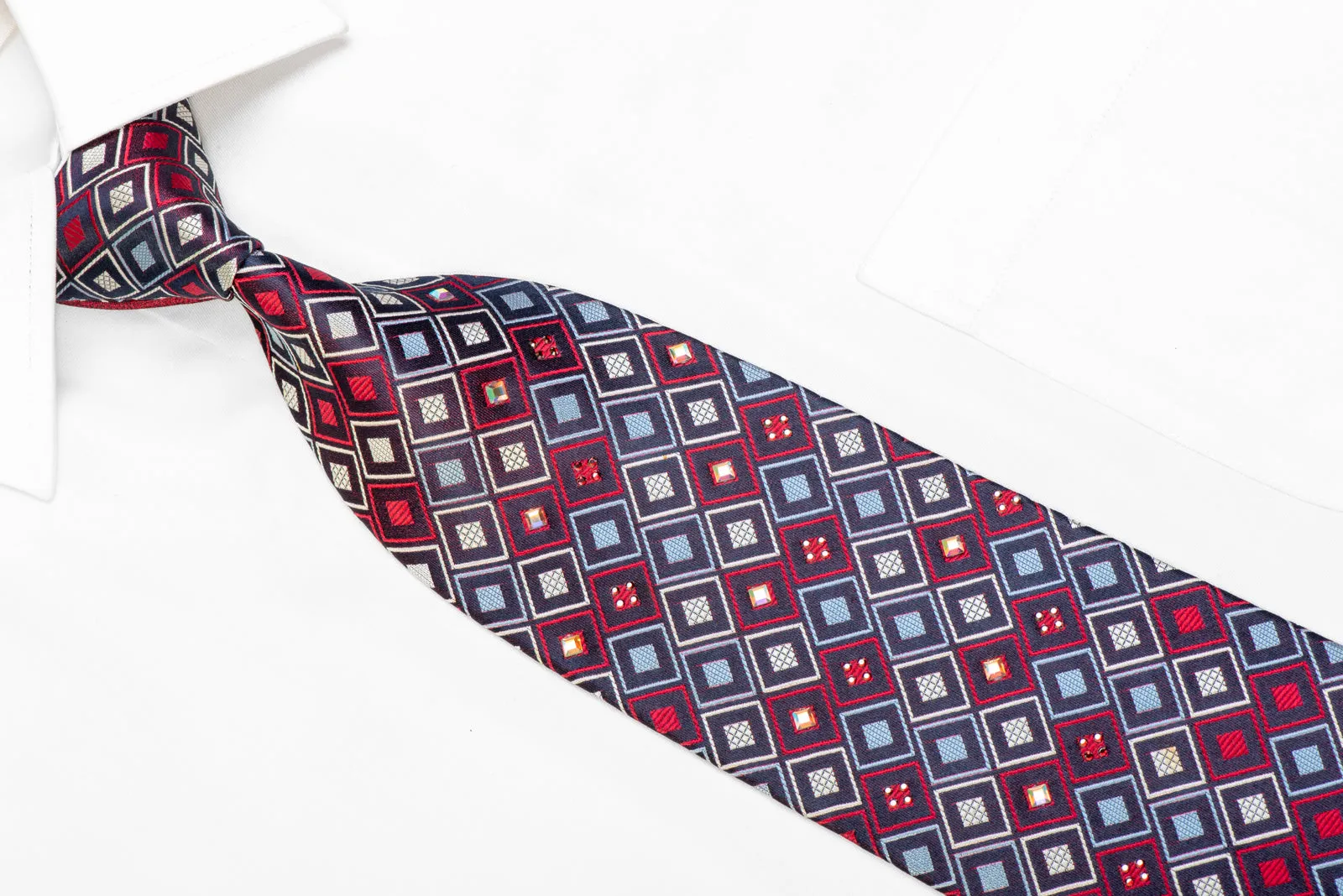 Silver Red Blue Geometric On Navy Rhinestone Silk Necktie