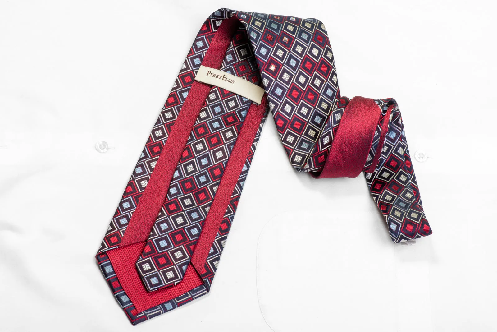 Silver Red Blue Geometric On Navy Rhinestone Silk Necktie