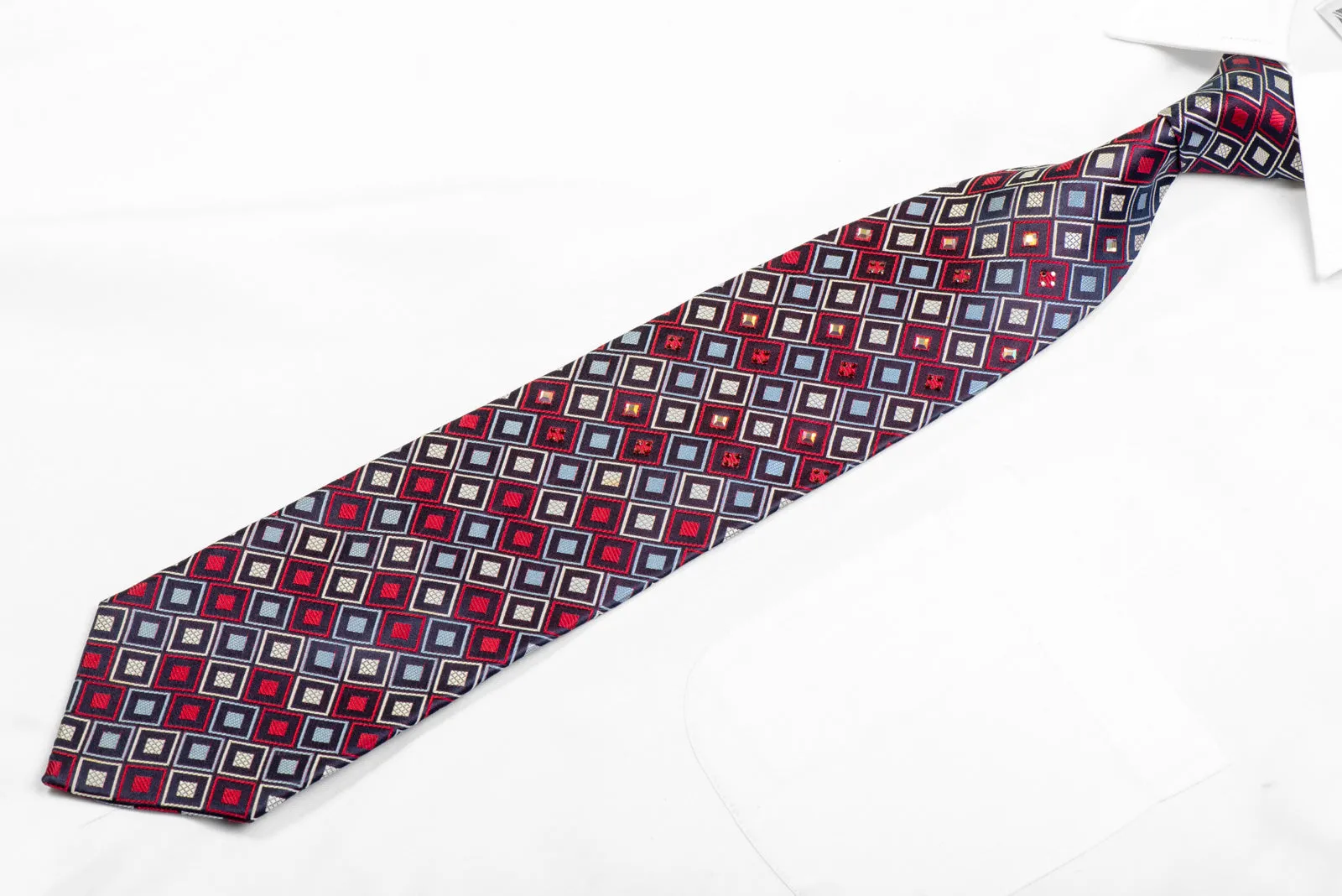 Silver Red Blue Geometric On Navy Rhinestone Silk Necktie