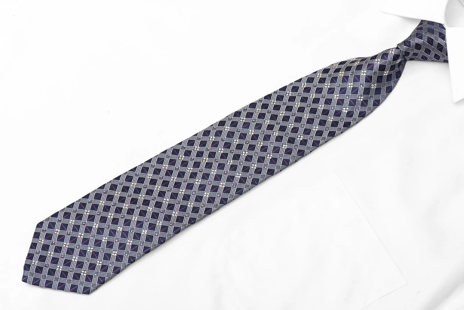 Silver Trellis On Navy Rhinestone Silk Tie With Purple Sparkles