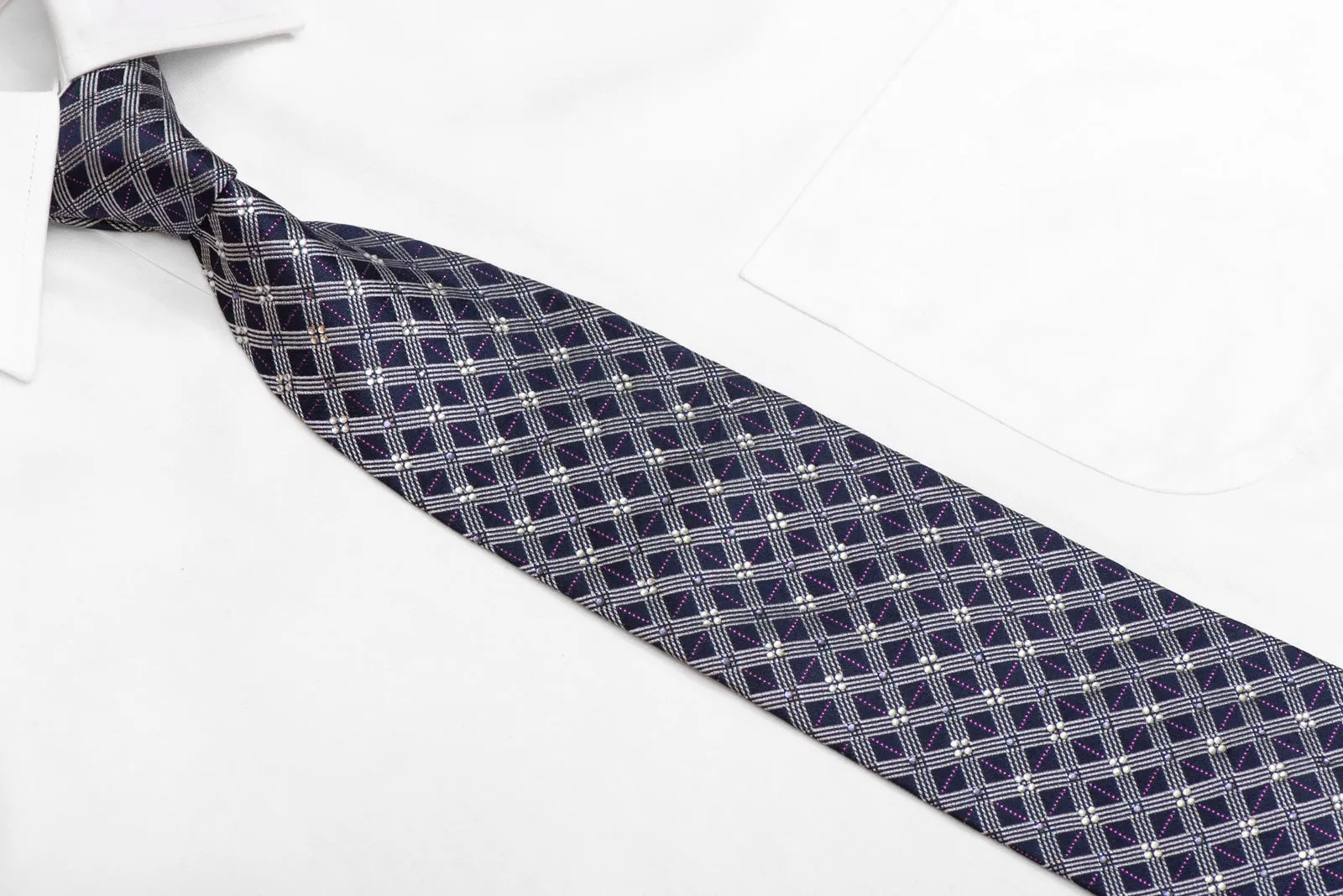 Silver Trellis On Navy Rhinestone Silk Tie With Purple Sparkles
