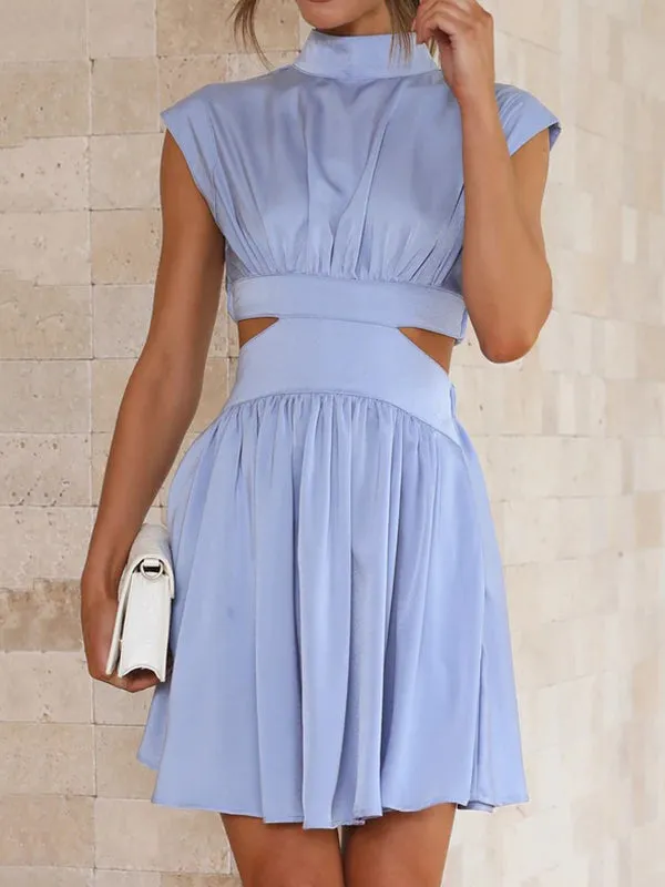 Skinny Belly-Hollow Pleated Solid Color Stand Collar Mini Dresses