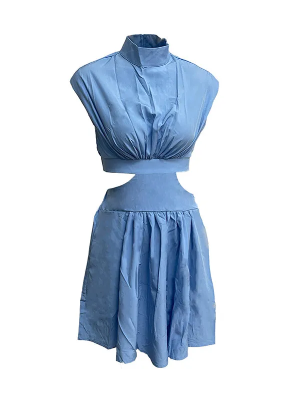 Skinny Belly-Hollow Pleated Solid Color Stand Collar Mini Dresses
