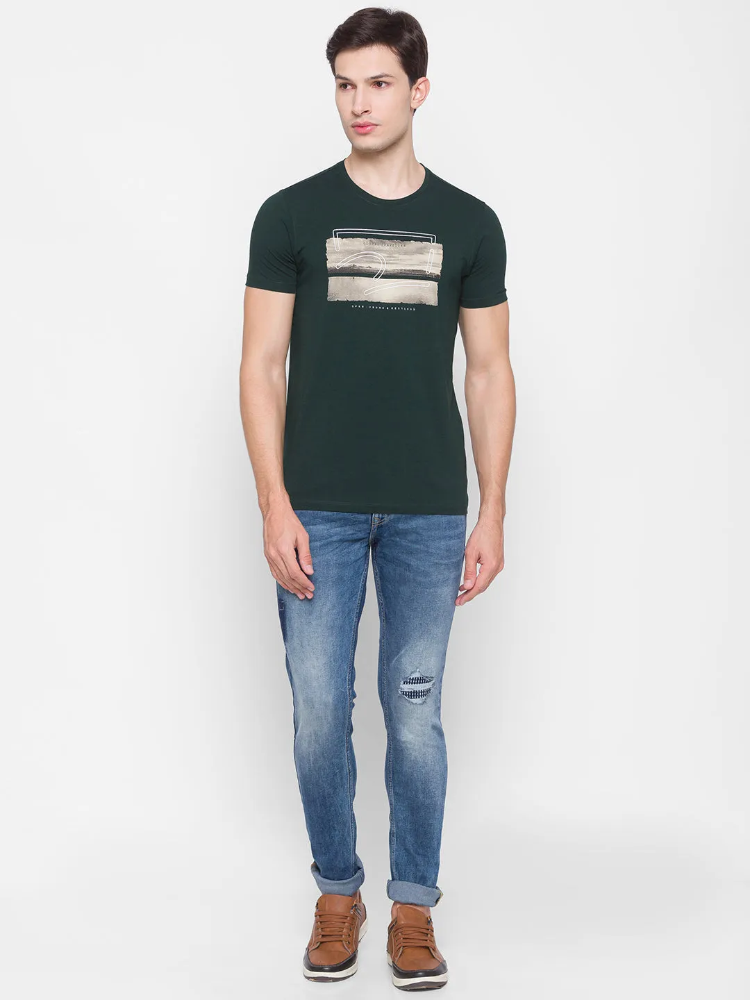 Spykar Green Cotton Men T-Shirt