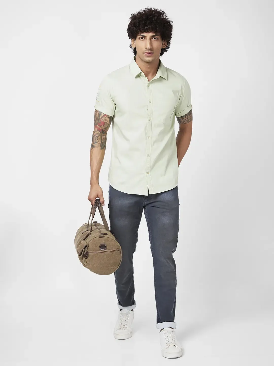 Spykar Men Dusty Green Twill Regular Slim Fit Half Sleeve Casual Plain Shirt