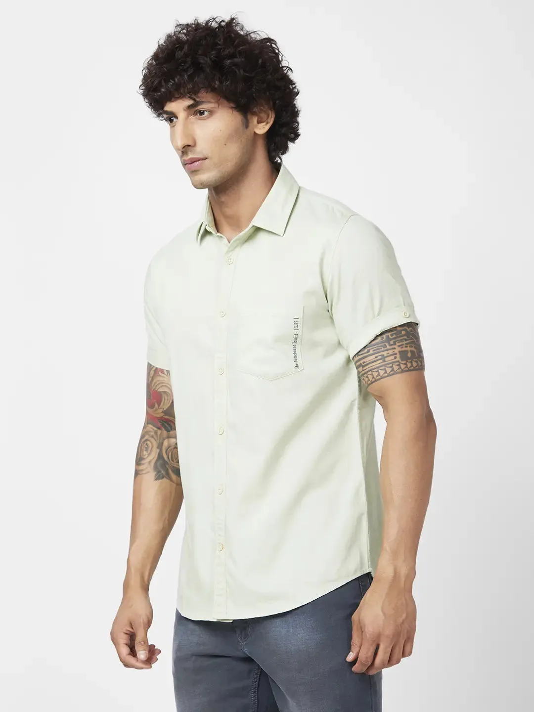 Spykar Men Dusty Green Twill Regular Slim Fit Half Sleeve Casual Plain Shirt