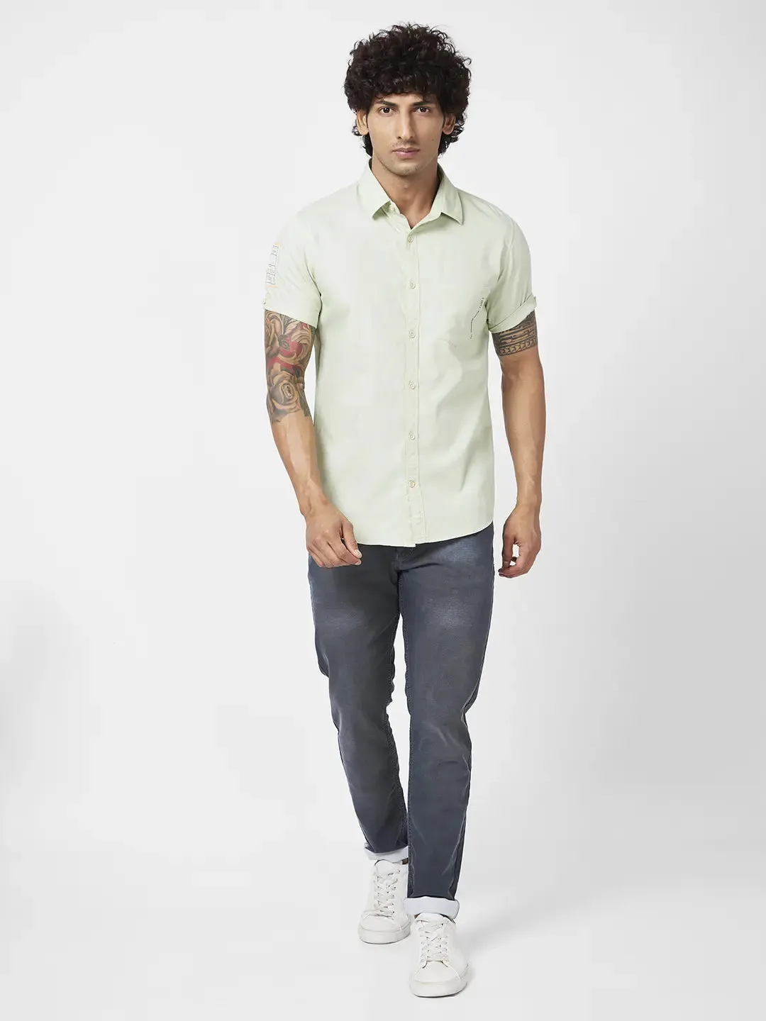 Spykar Men Dusty Green Twill Regular Slim Fit Half Sleeve Casual Plain Shirt