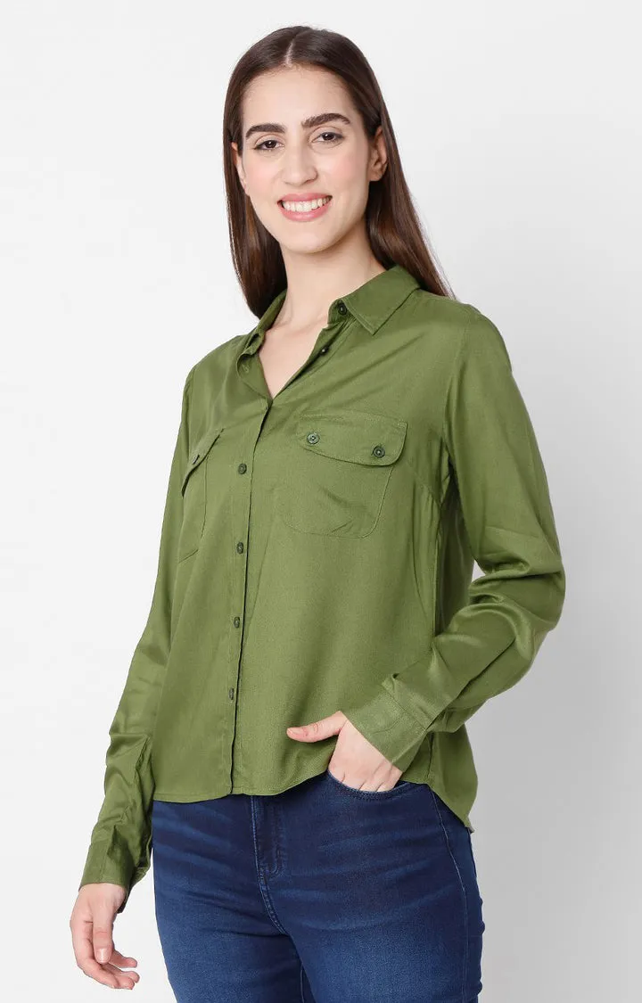 Spykar Regular Fit Green Cotton Women Shirts
